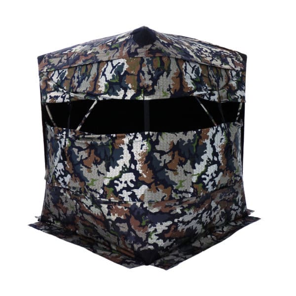 Xenek Ascent ground blind in DSX Camo panoramic 4 way stretch front window